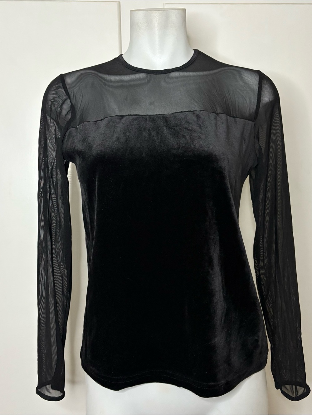Vintage 90s Whimsygoth Black Mesh and Velvet Long Sleeve Blouse